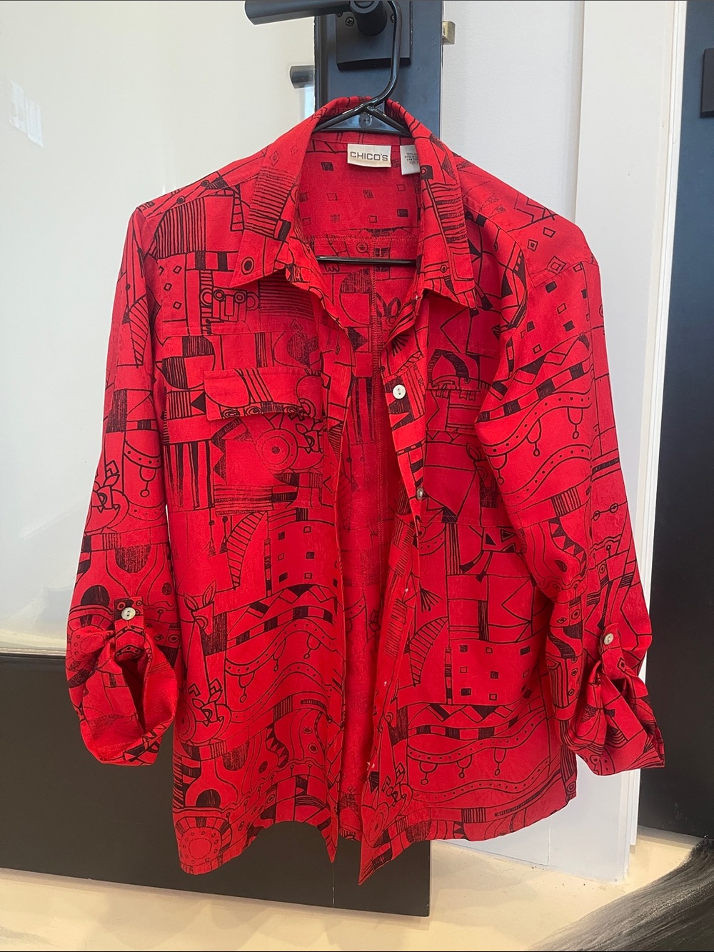 Chico's Red Button-Down Shirt with Black Abstract Geometric Print